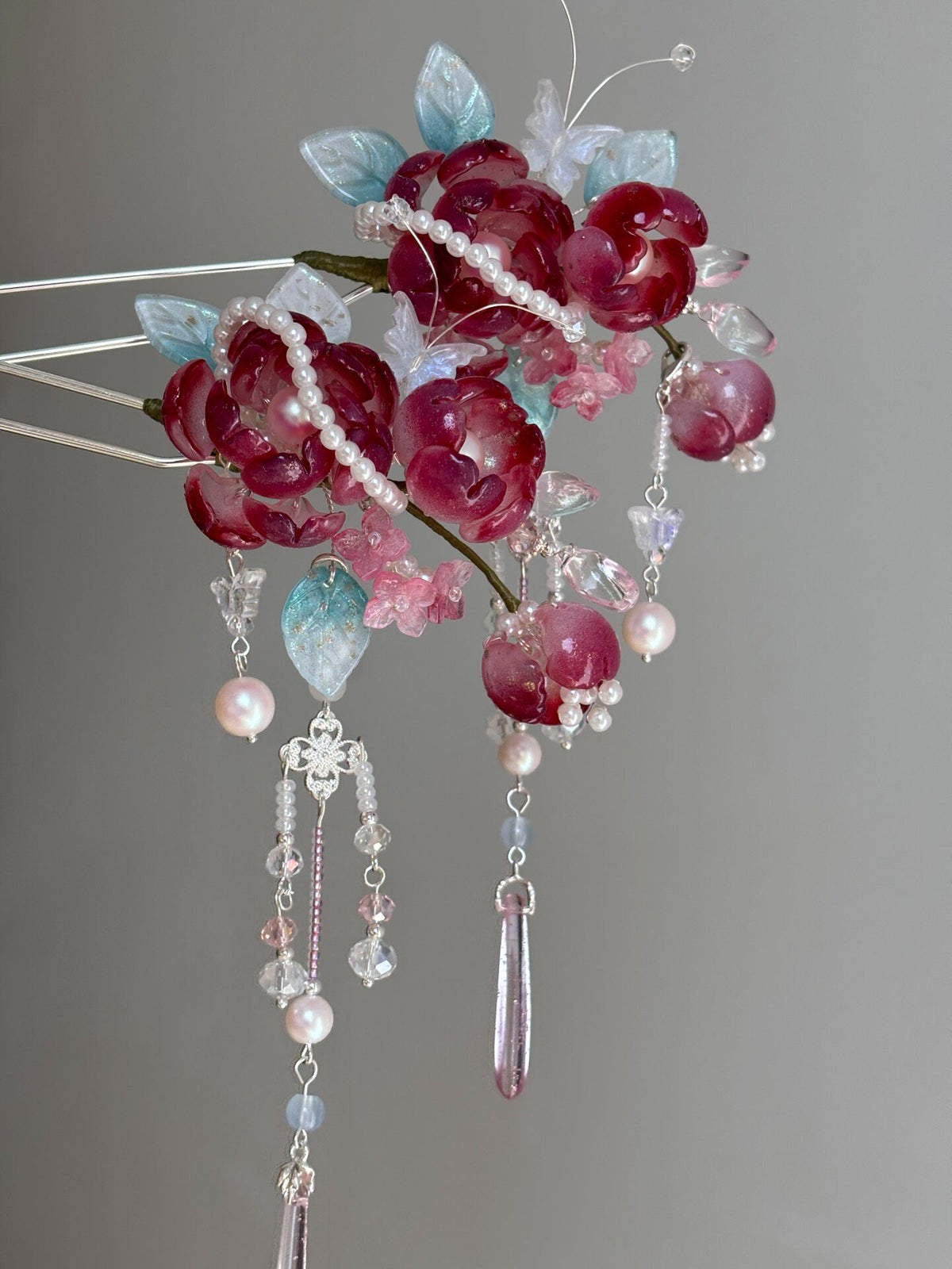 Liuli Glass Floral Hair Fork with Tassels
