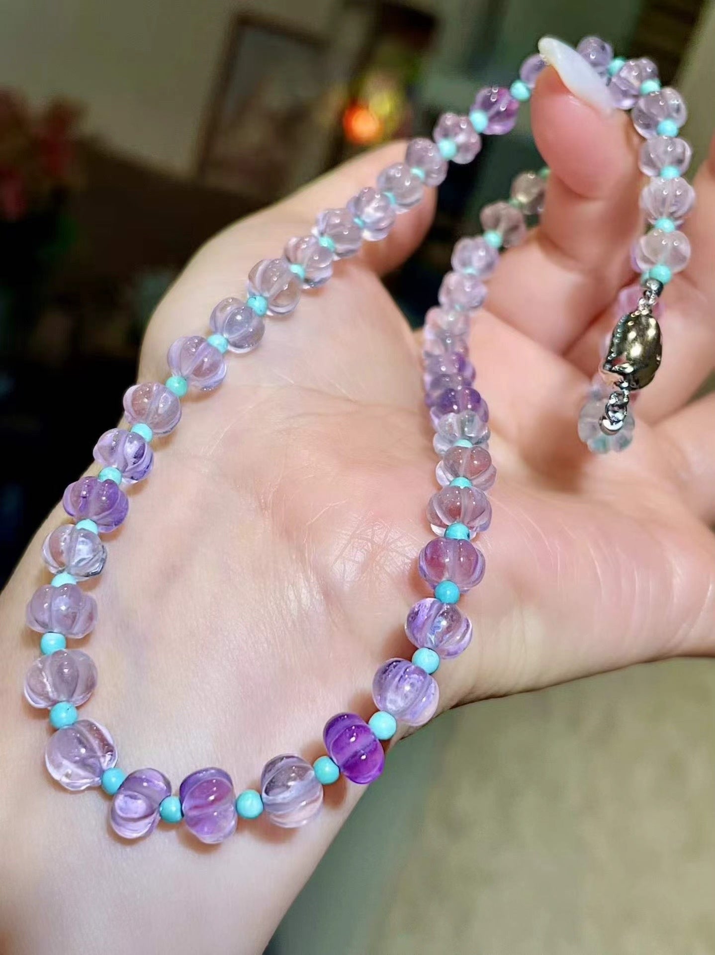 Faceted Pumpkin Amethyst Necklace with Turquoise Spacers