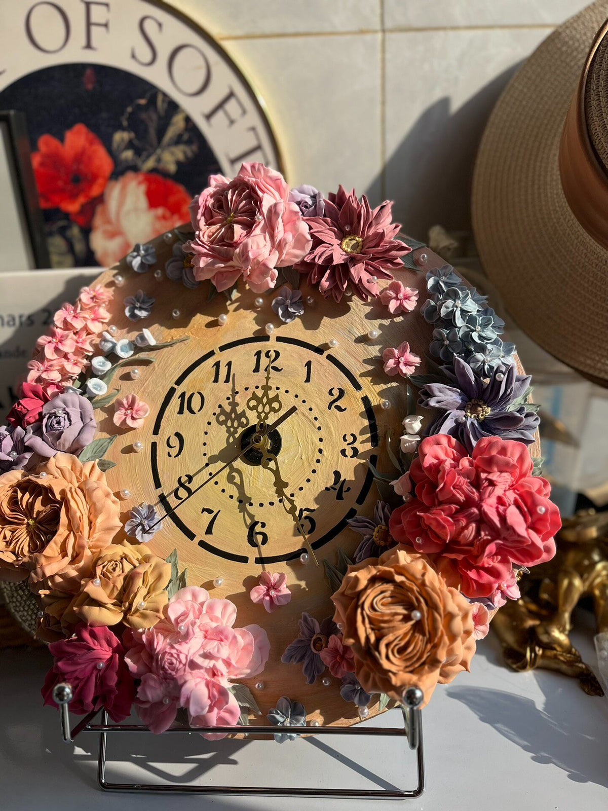 Clay Flower Wooden Wall Clock