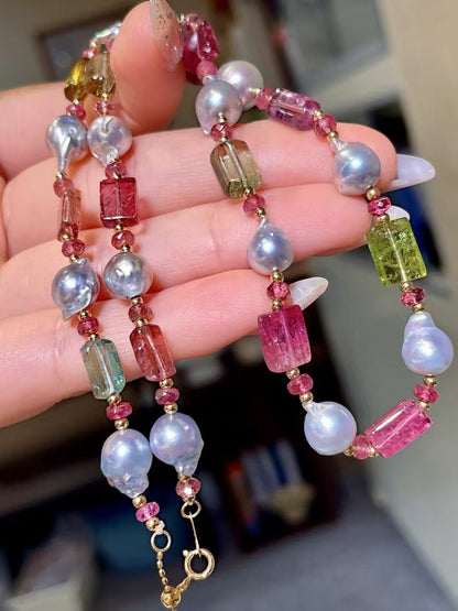 Baroque Pearl and Tourmaline Necklace with Adjustable Chain