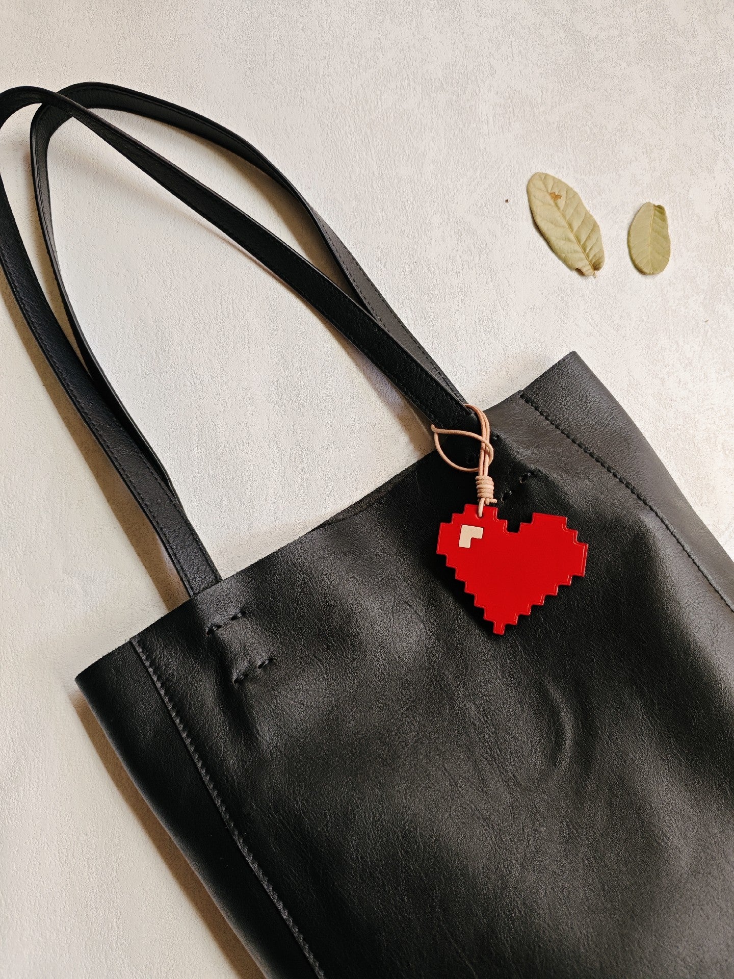 Vegetable-Tanned Leather Pixel Heart Keychain