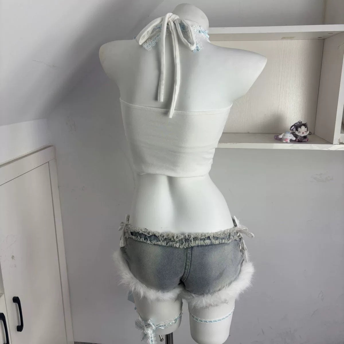 White Blue Denim Shorts Halter Top Two Piece Set