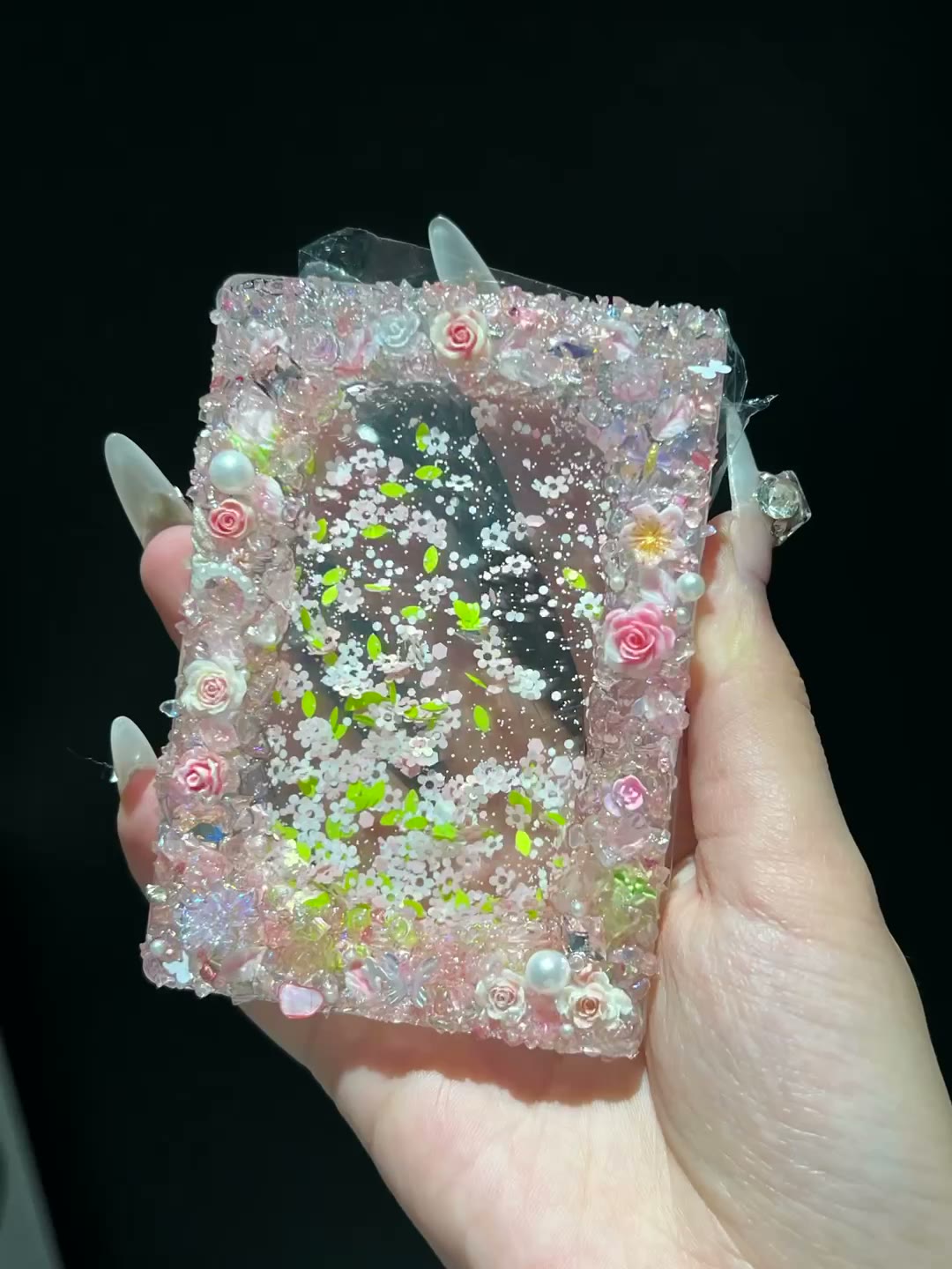 Roze Bloemen Quicksand Card Brick met Kristallen