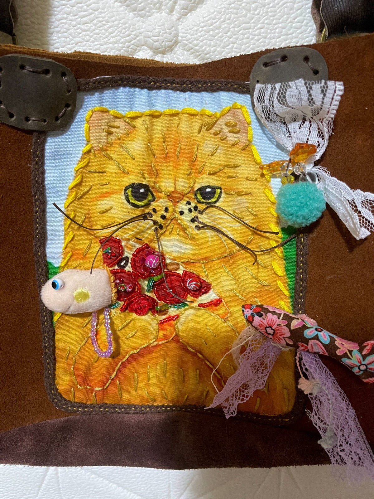 Genuine Leather Cat Applique Shoulder Bag