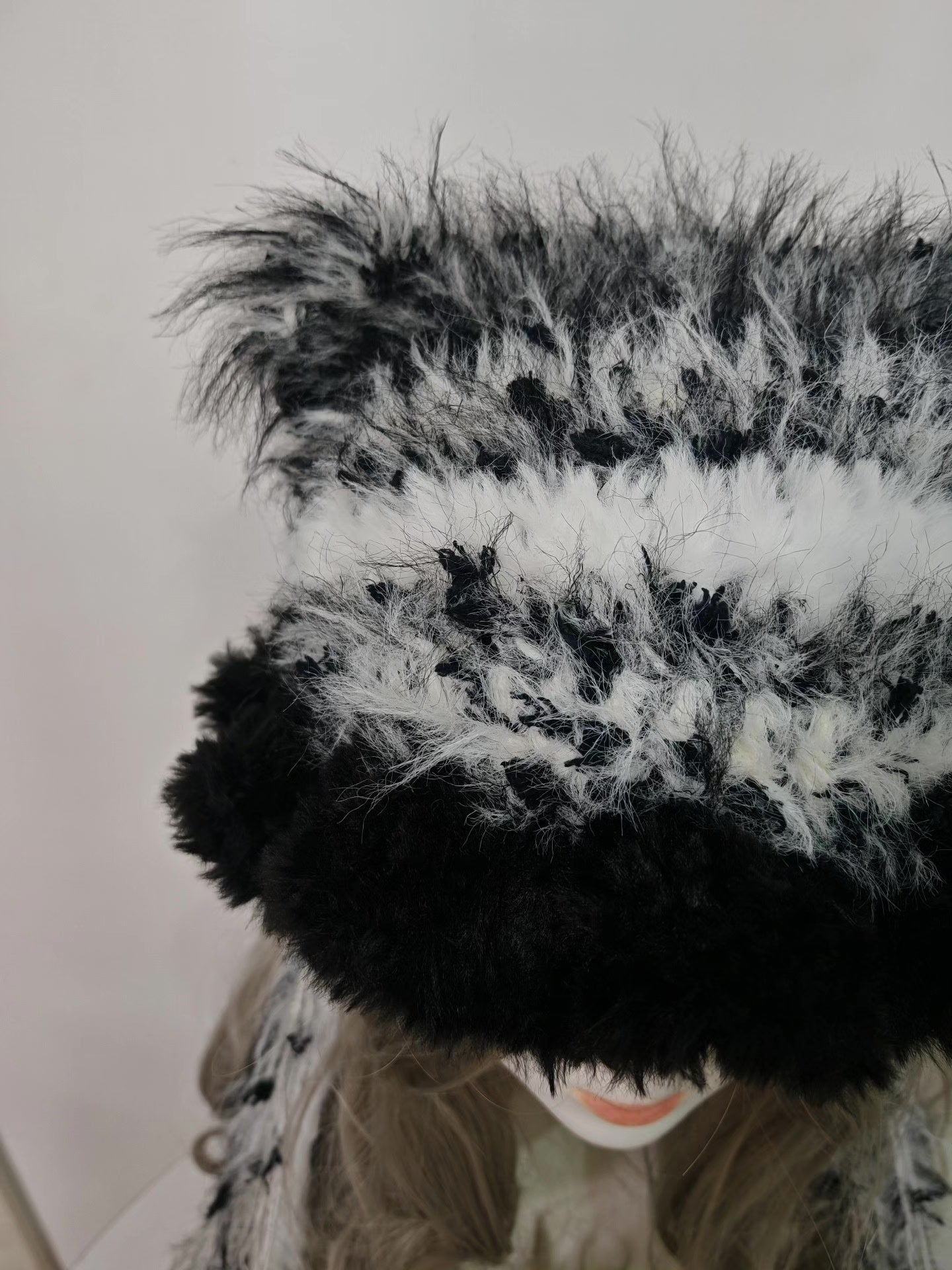 Classic Black White Cat Ear Hat - Handmade Plush Zebra Stripe Beanie