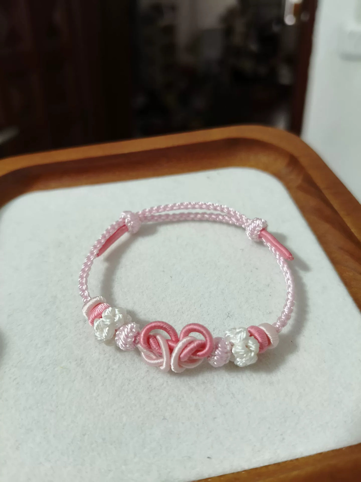 Handmade Braided Cord Bracelet Pink White Heart