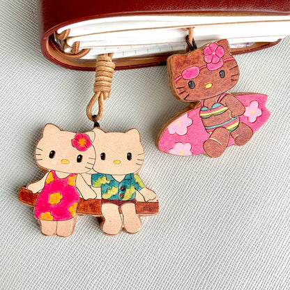 Hand-Carved Italian Leather Hello Kitty Keychain Set