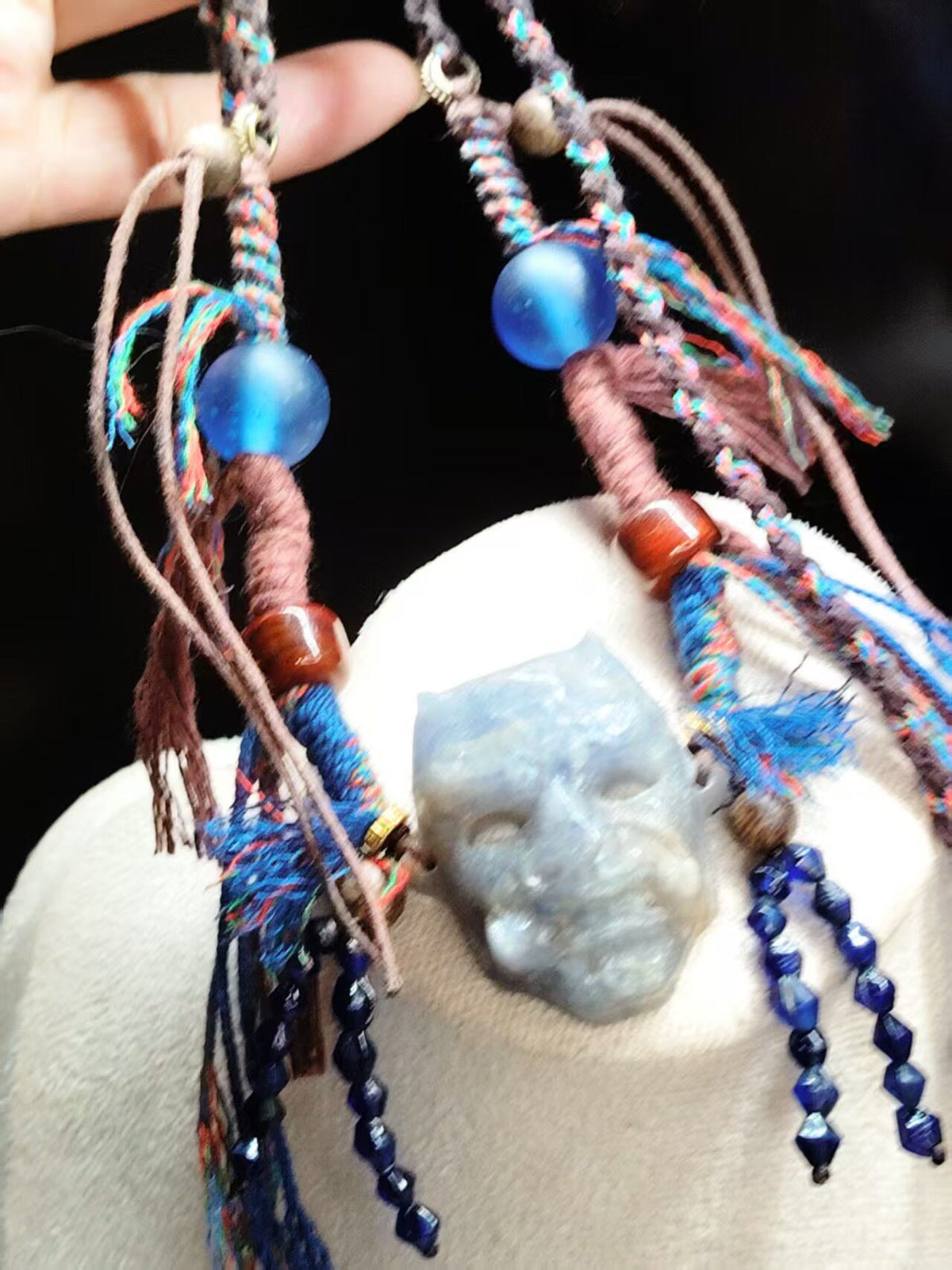 Hand-Carved Jade Mask Pendant Necklace with Blue Glass Beads
