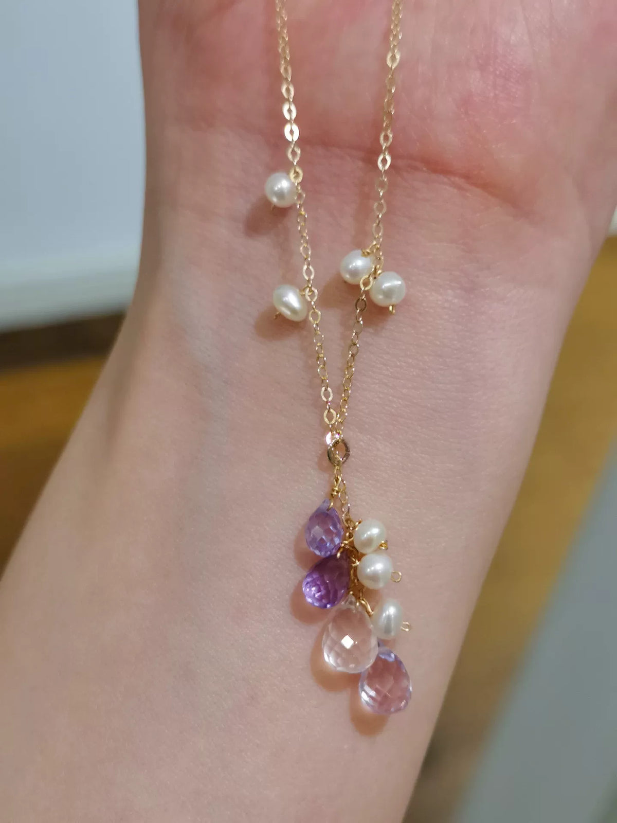 Collar de Oro Relleno con Amatista, Cuarzo Rosa y Perlas