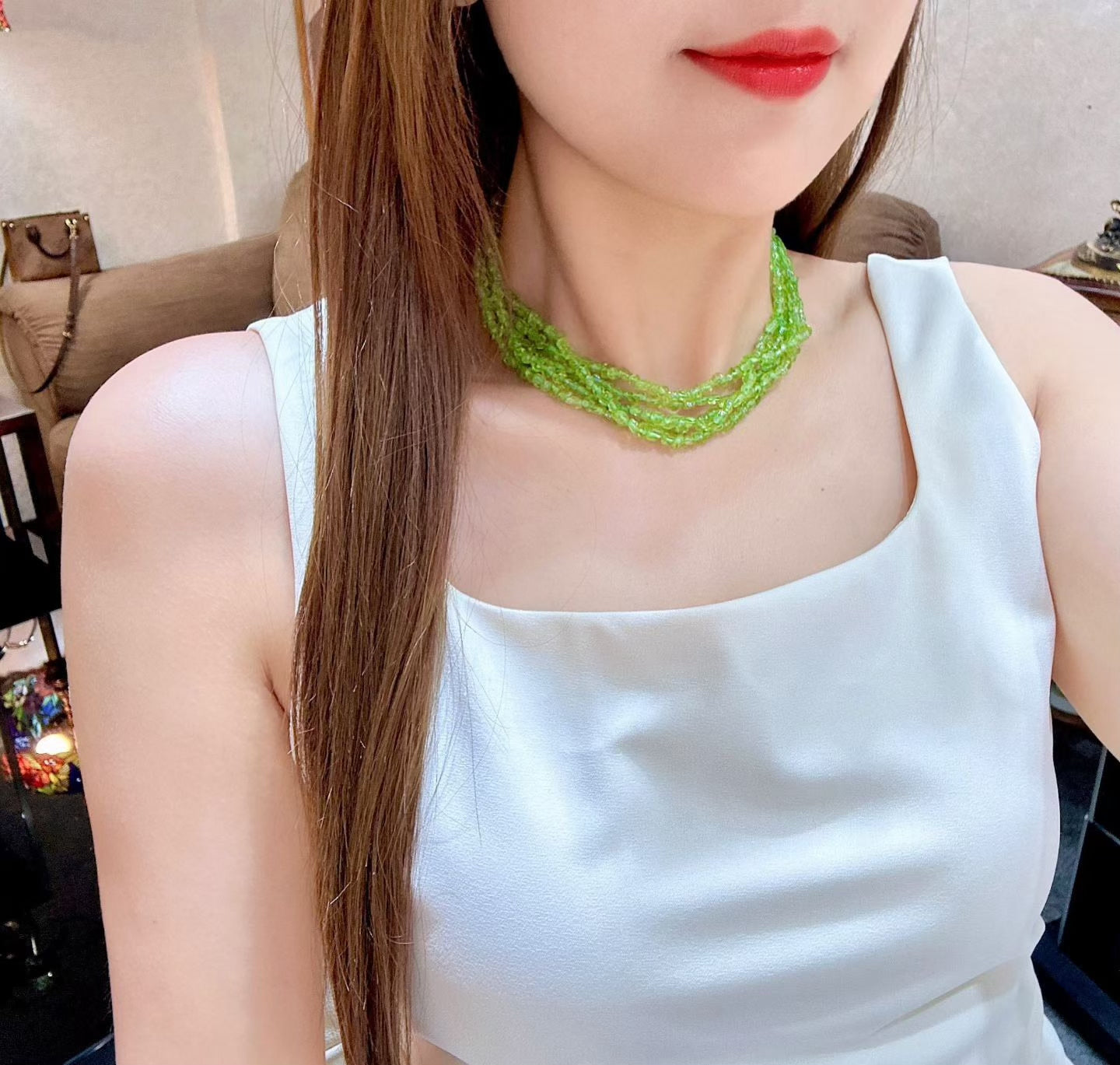 Five-Strand Green Gemstone Chip Choker Necklace