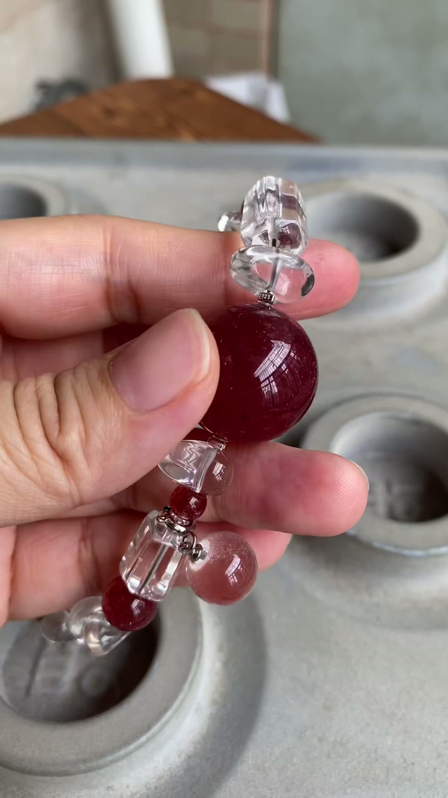 Strawberry Quartz Beaded Necklace Silver Accents