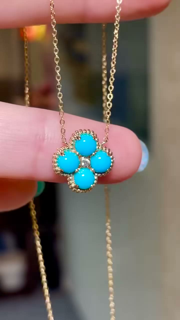 18K Gold Four Leaf Clover Blue Stone Necklace