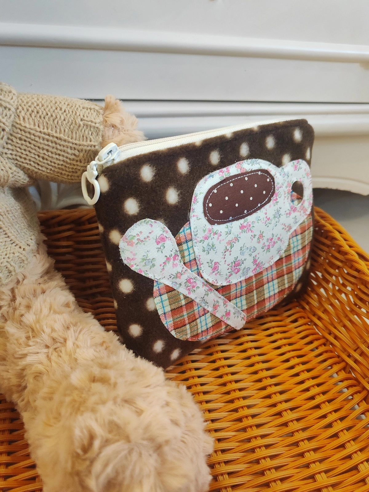 Handmade Brown Polka Dot Coffee Cup Patchwork Coin Purse