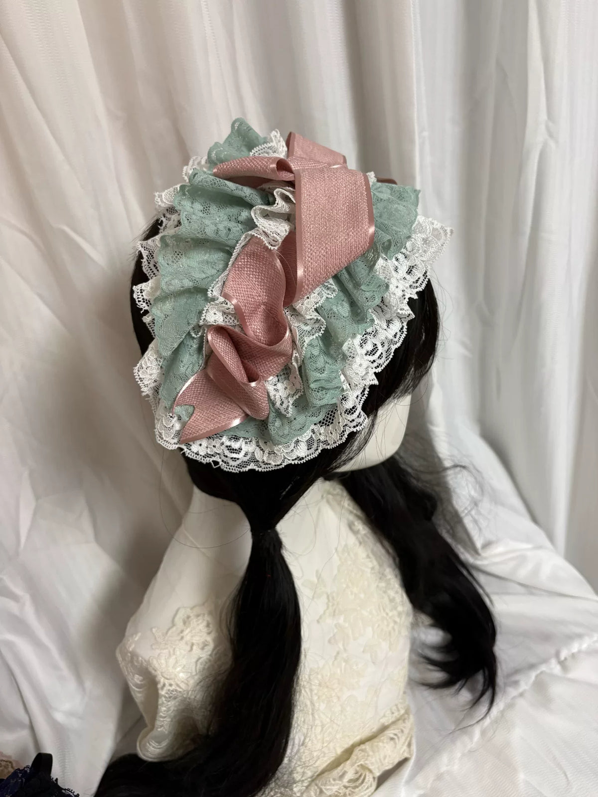 White and Mint Lace Ruffled Bonnet