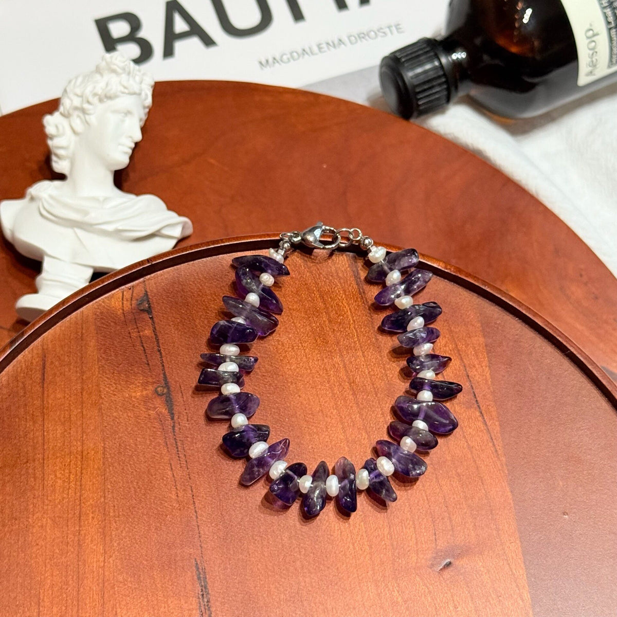 Pulseira de Ametista e Pérola Feita à Mão 17cm
