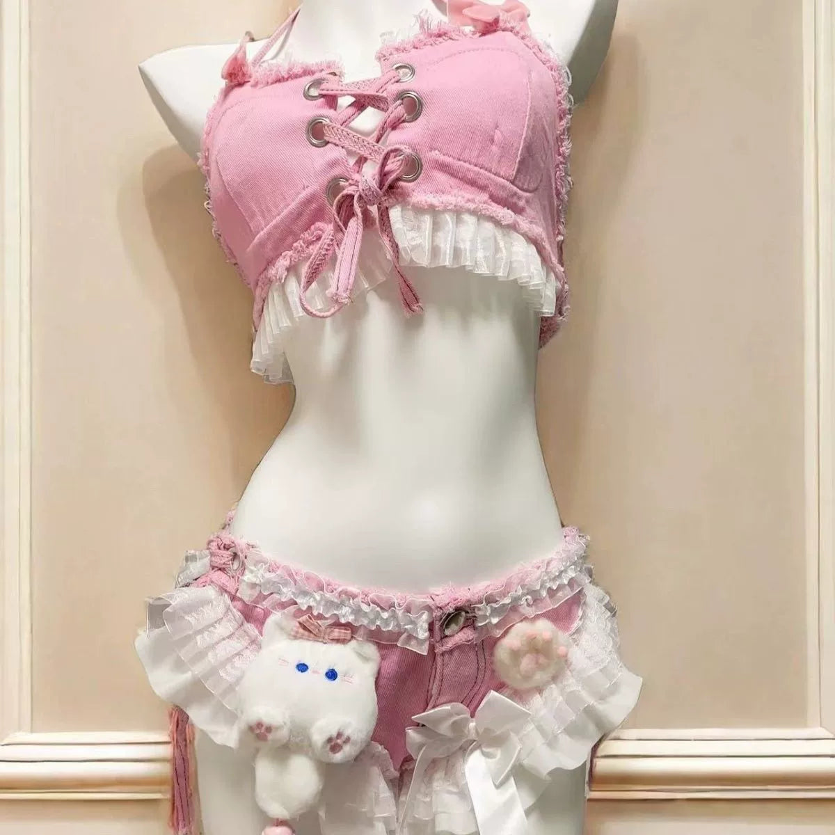Pink Denim Lace Bikini Set