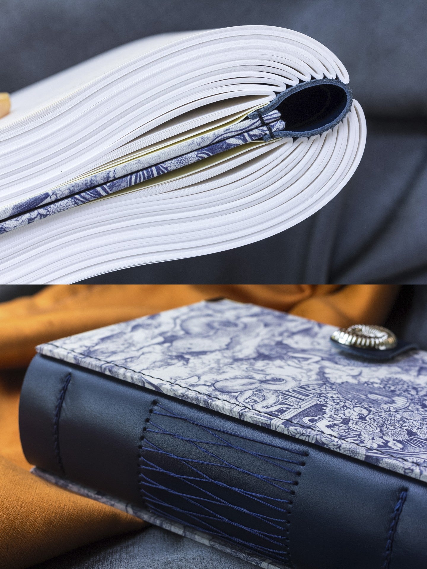 Handmade Blue and White Sea Pattern Fabric Journal, Nautilus Clasp