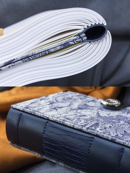Handmade Blue and White Sea Pattern Fabric Journal, Nautilus Clasp