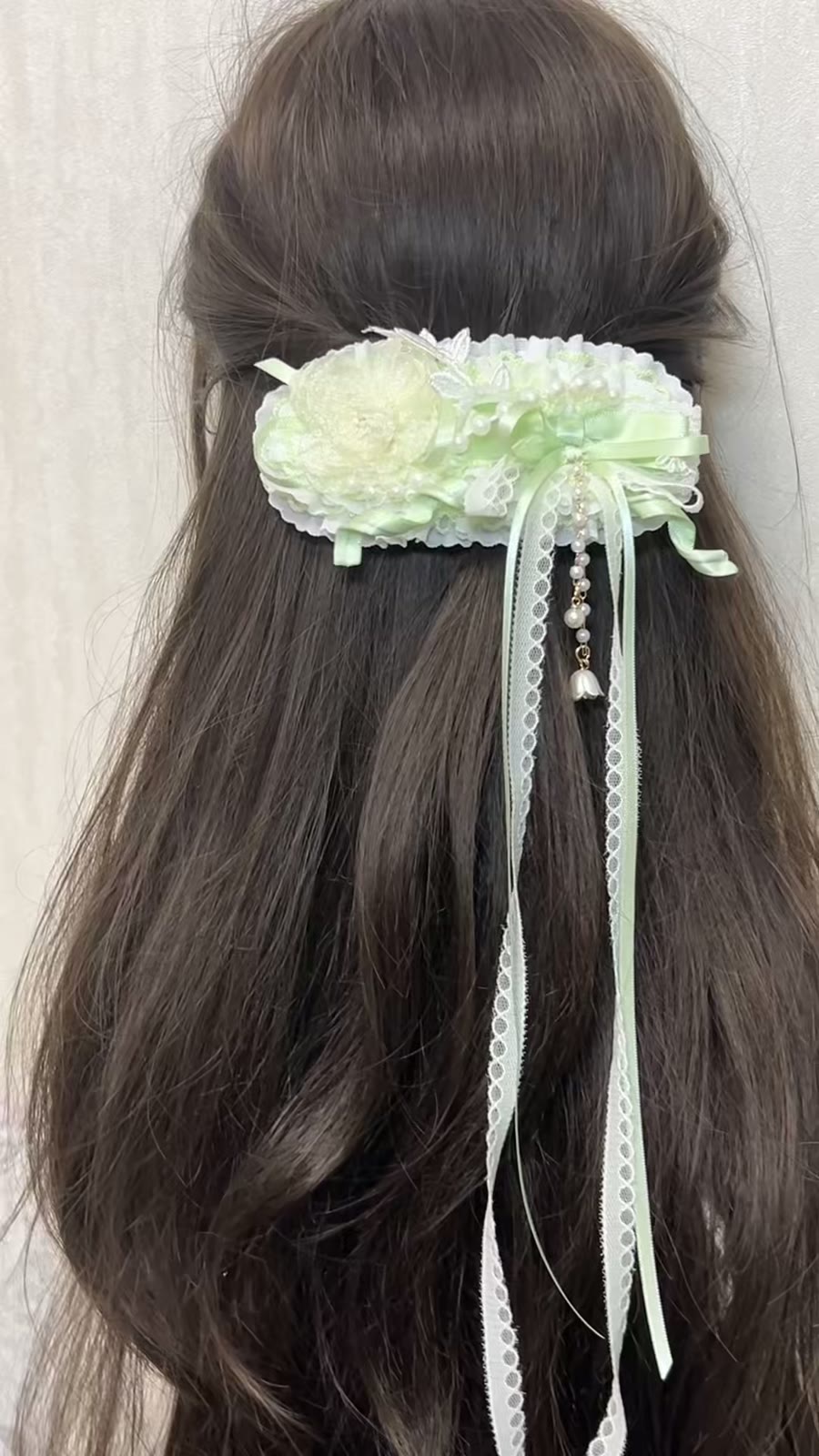 Mint Green Lace Flower Hair Clip with Ribbons