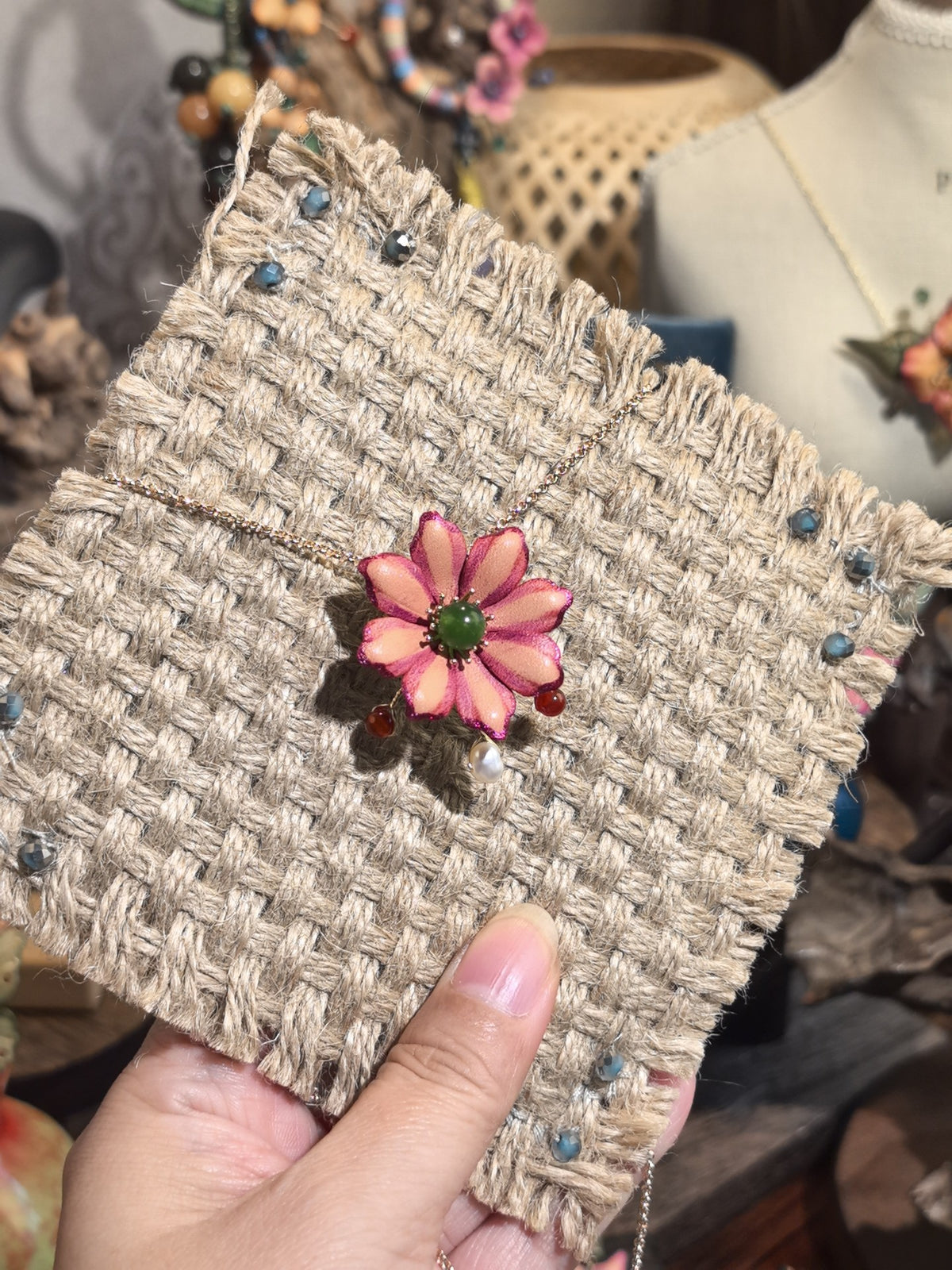 Handmade Leather Flower Necklace Brooch