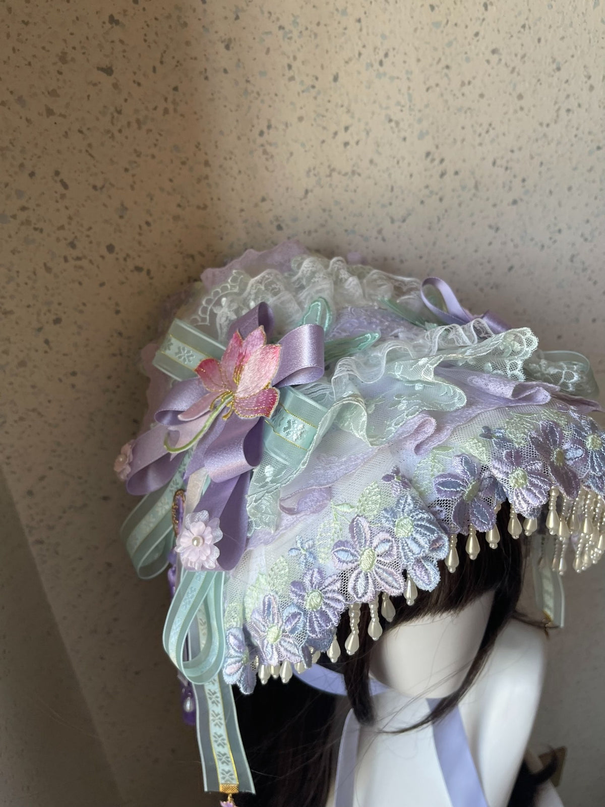 Lolita Lace Bonnet Hat Purple Green