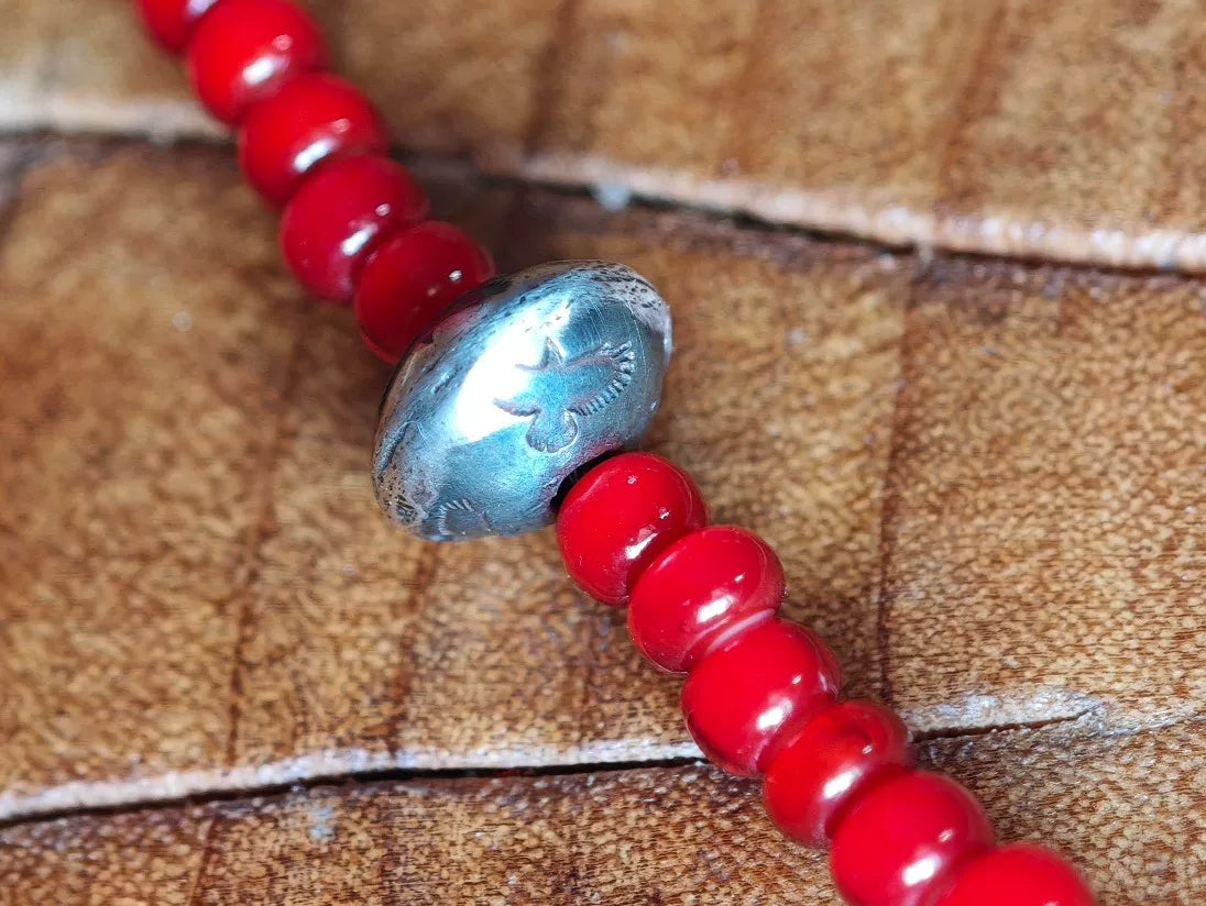 925 Silver Navajo Hand Hammered Turquoise Glass Bead Necklace