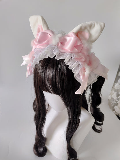 Pink and White Lolita Rabbit Ear Headband with Polka Dot Bow
