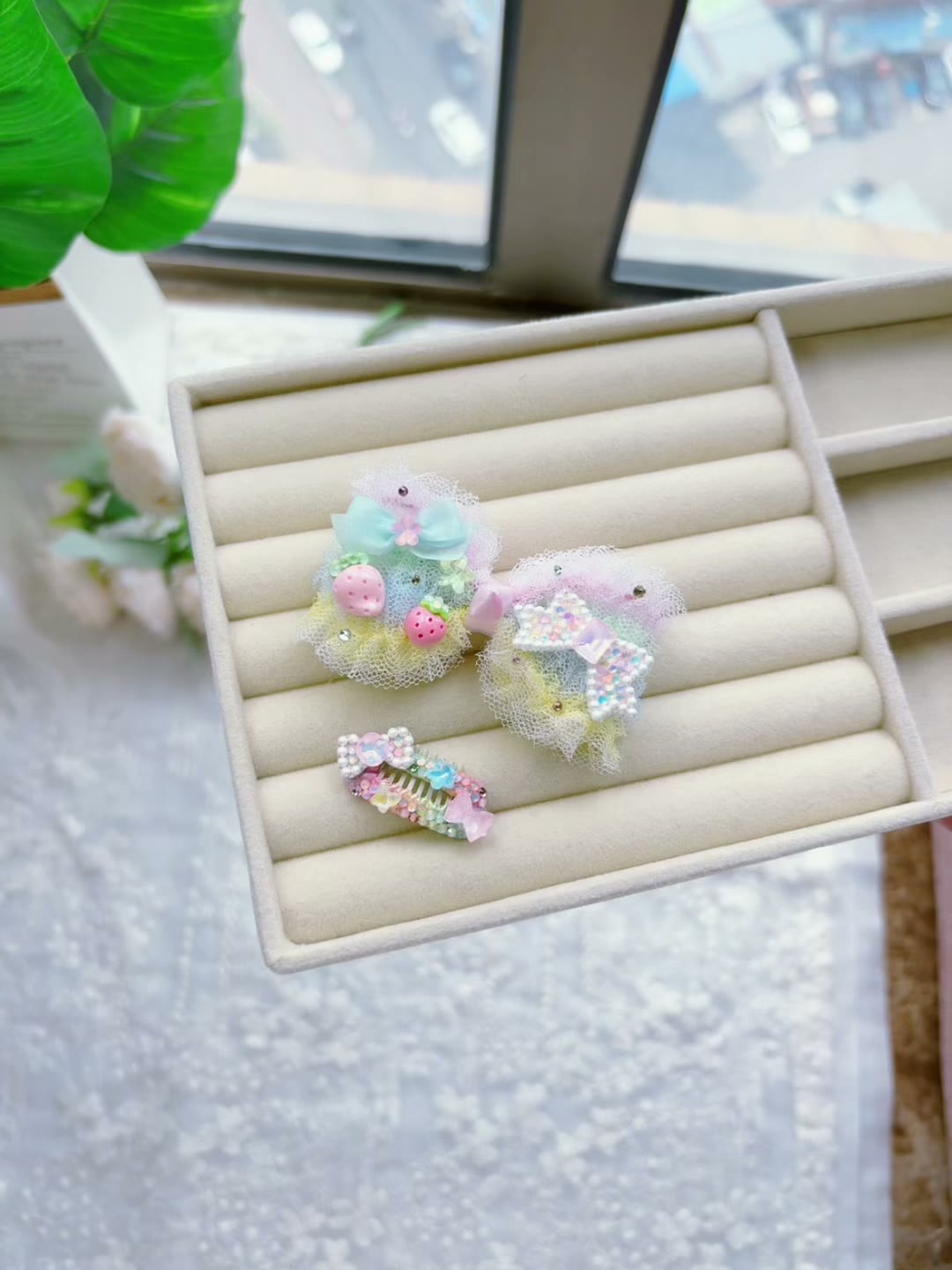 Handgakte Set Haarclips Dieren Pastel Regenboog Tule