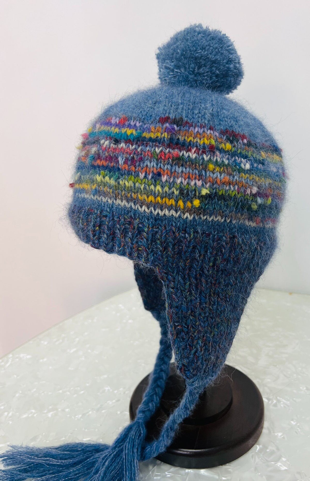 Wool Mohair Earflap Hat with Pom Pom