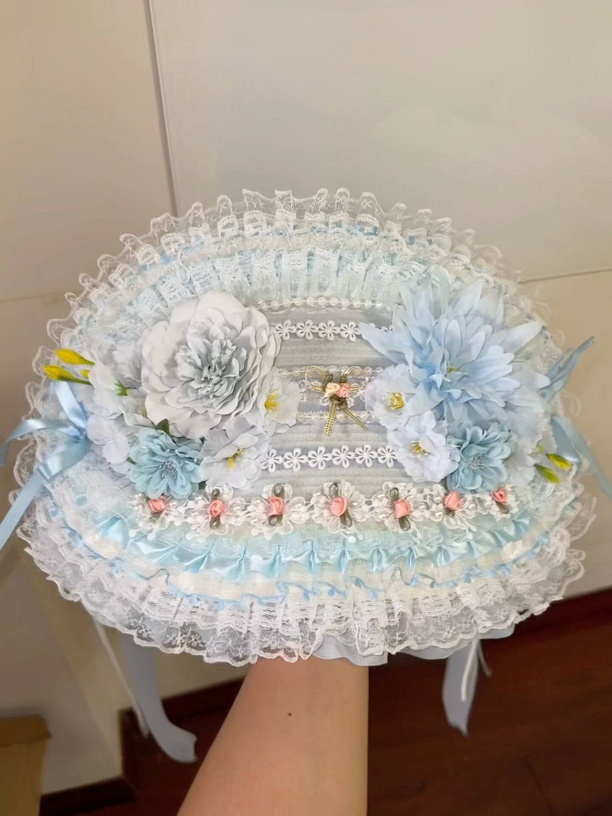 Blue Bonnet Flat Hat with Pearl Trim