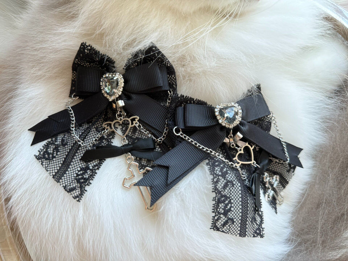 Black Lace Bow Hair Clips Pair