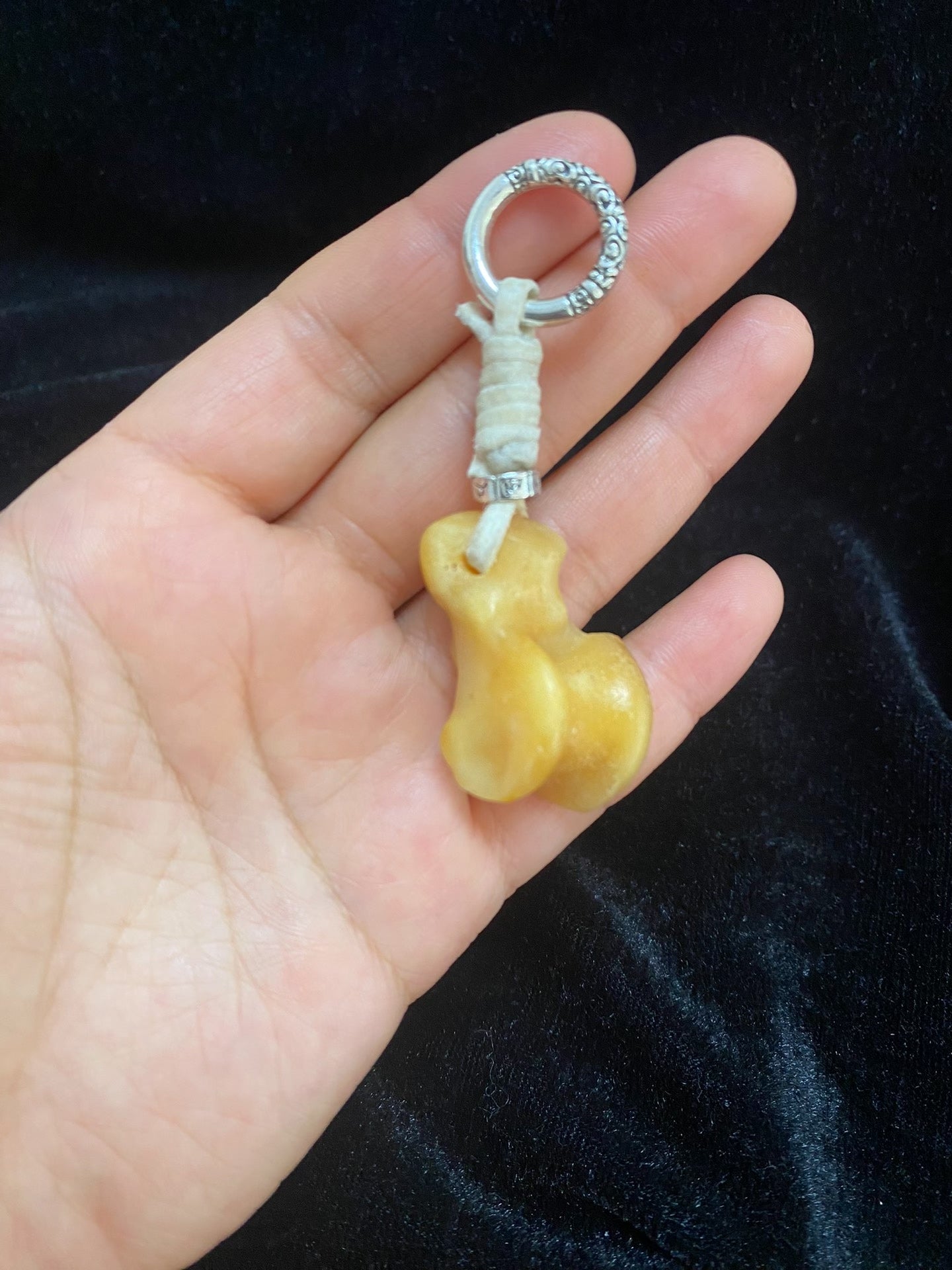 Handcrafted Bone-Shaped Pendant Keychain with White Cord and Silver-Toned Ring