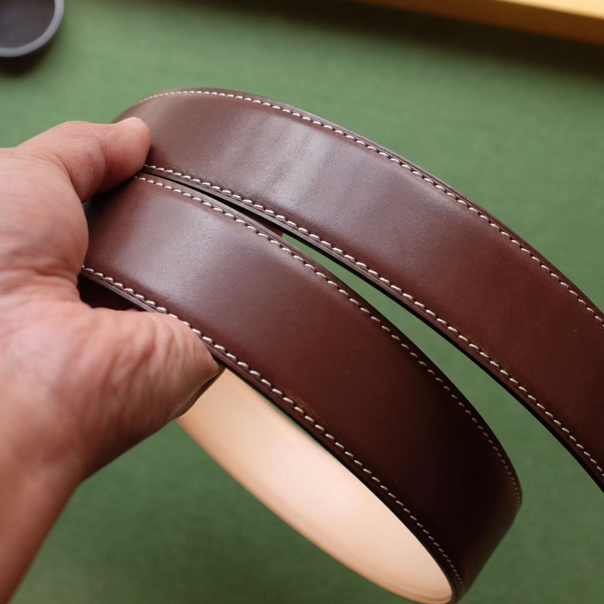 Full-Grain Leather Belt with Two-Tone Edges and Silver Buckle