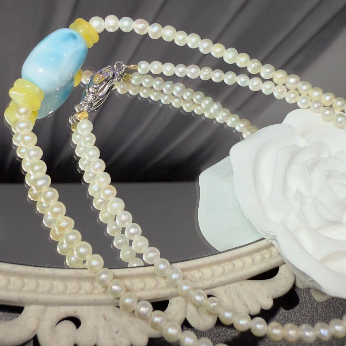 Collar de Larimar, Ámbar y Perlas con Cierre de Plata 925