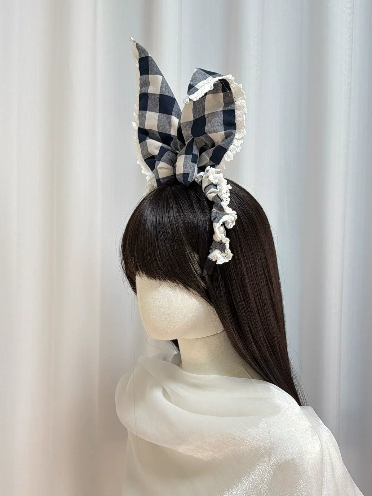 Cerchietto con orecchie da coniglio vichy blu navy