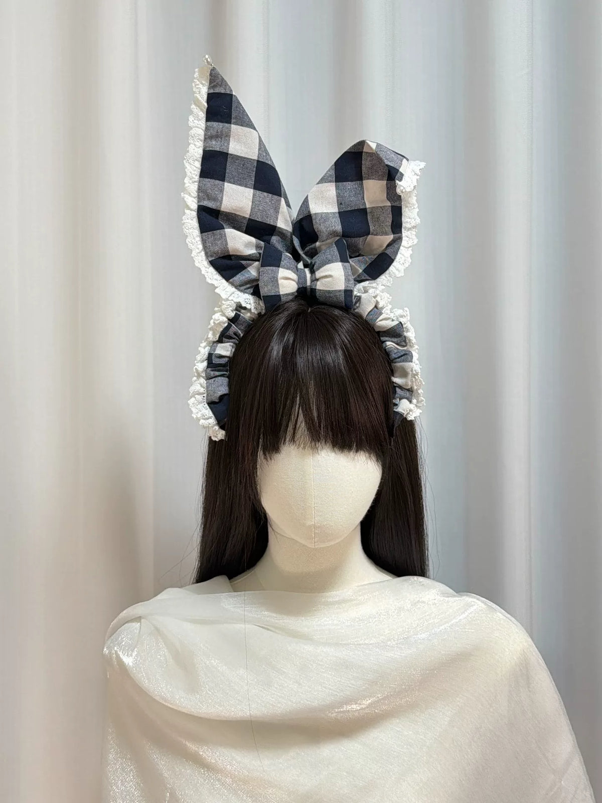 Cerchietto con orecchie da coniglio vichy blu navy