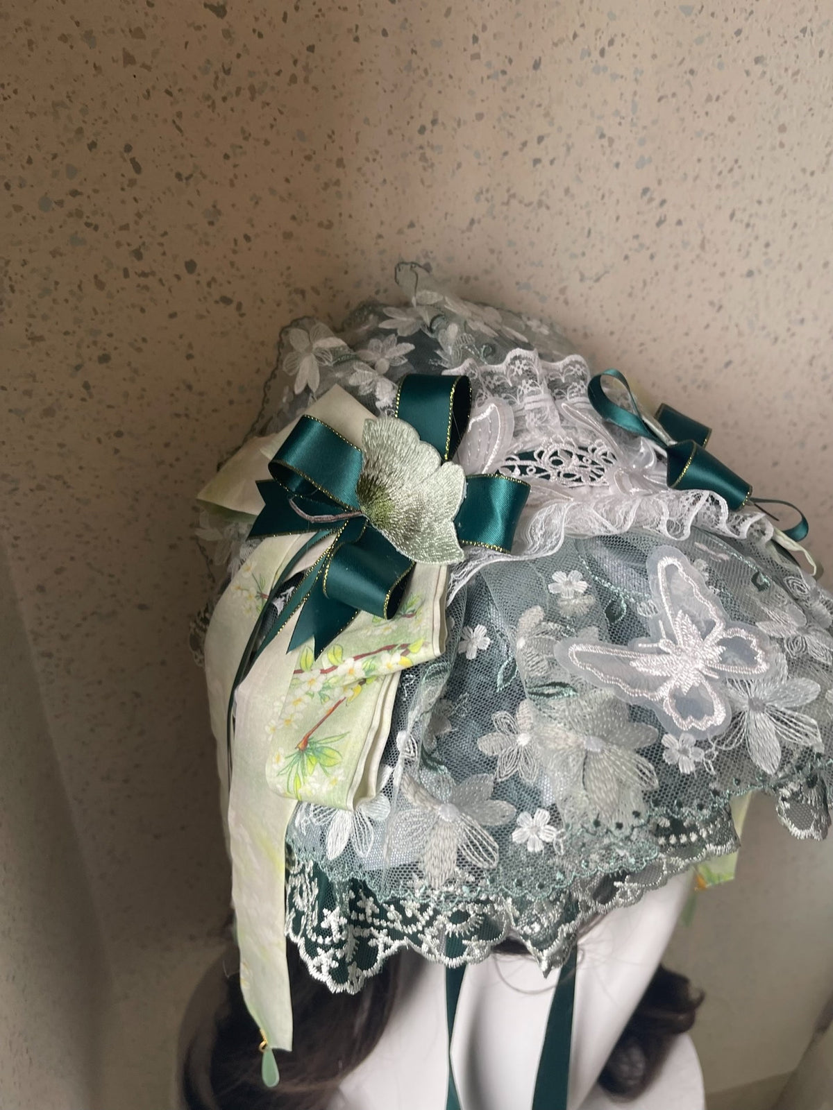 Lolita Green Blue Lace Flat Bonnet Hat