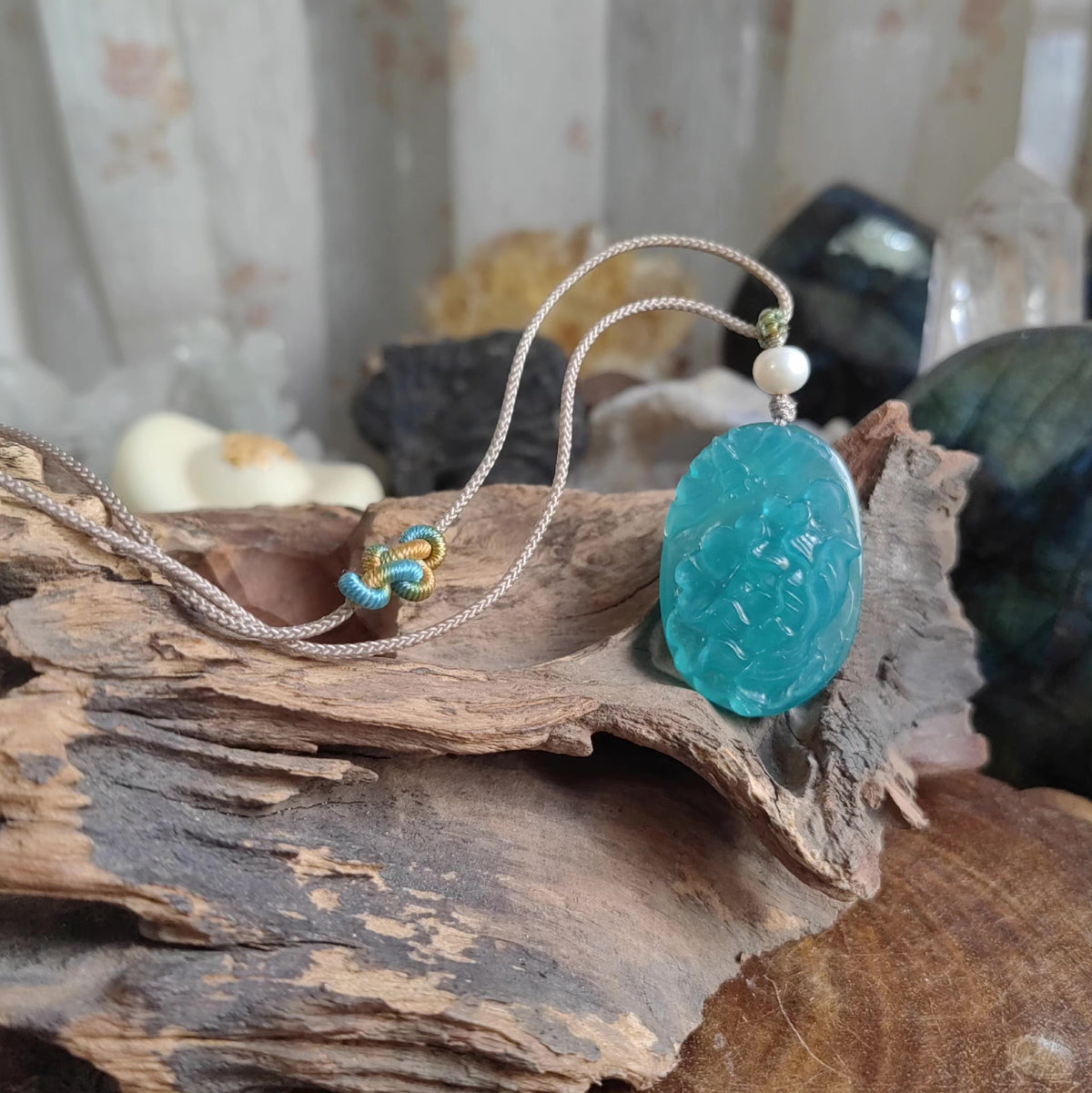 Amazonite Peony Carved Pendant Sweater Chain Necklace
