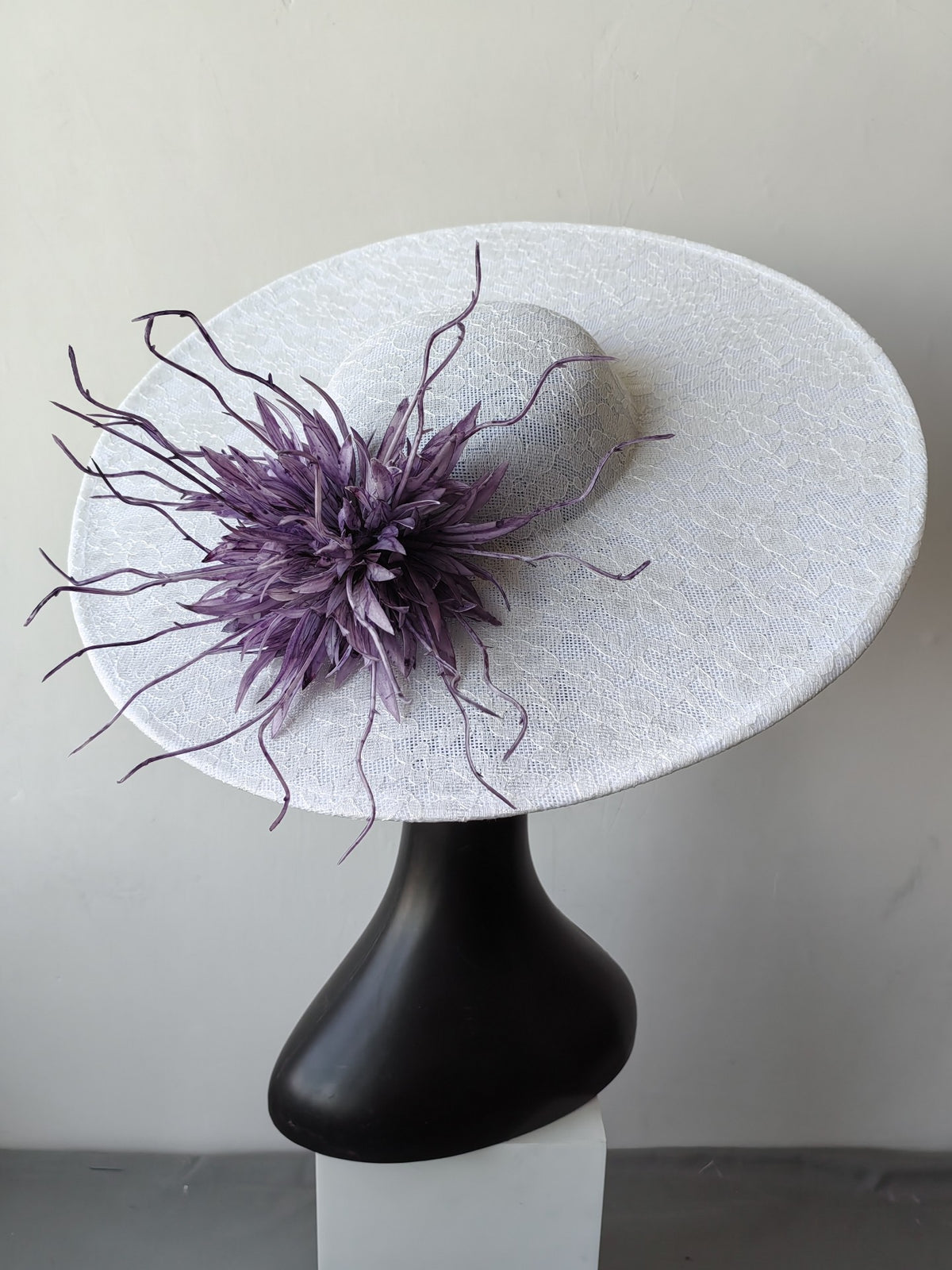 White Lace Bridal Hat with Purple Flowers