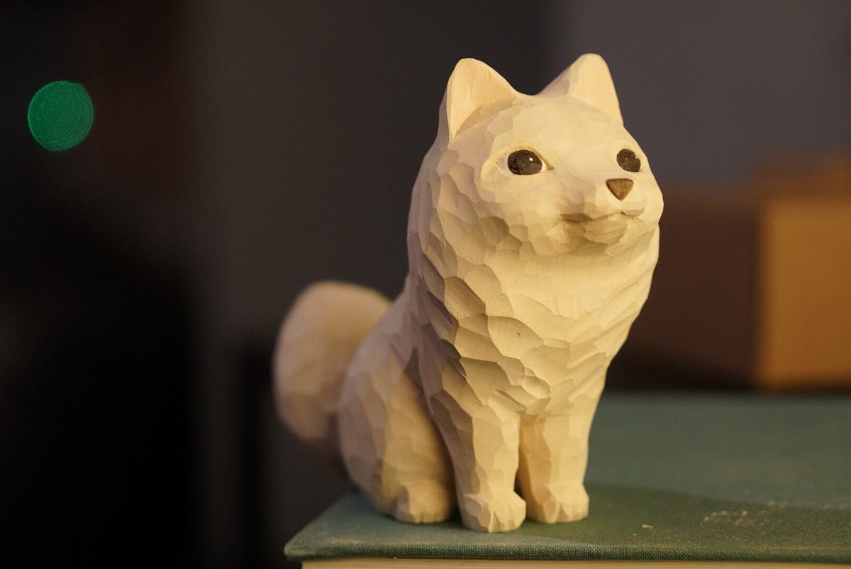 Hand Carved Wooden Sitting White Fox Figurine