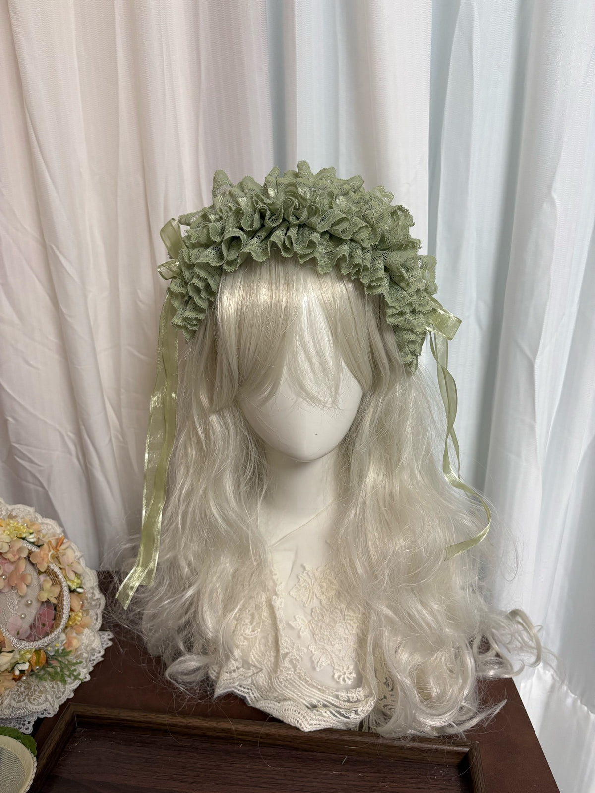 Sage Green Lace Ruffled Bonnet Headpiece