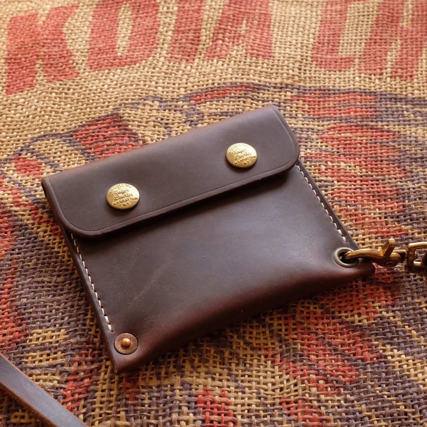 Top-Grain Leather Wallet with Brass Snap Closure and Wristlet Strap