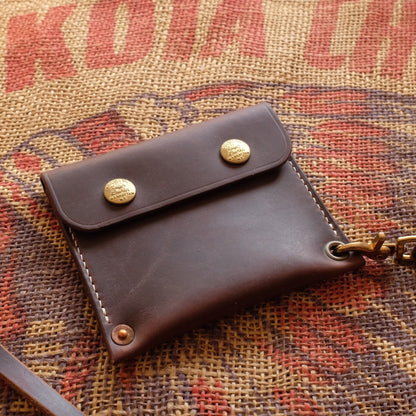 Top-Grain Leather Wallet with Brass Snap Closure and Wristlet Strap