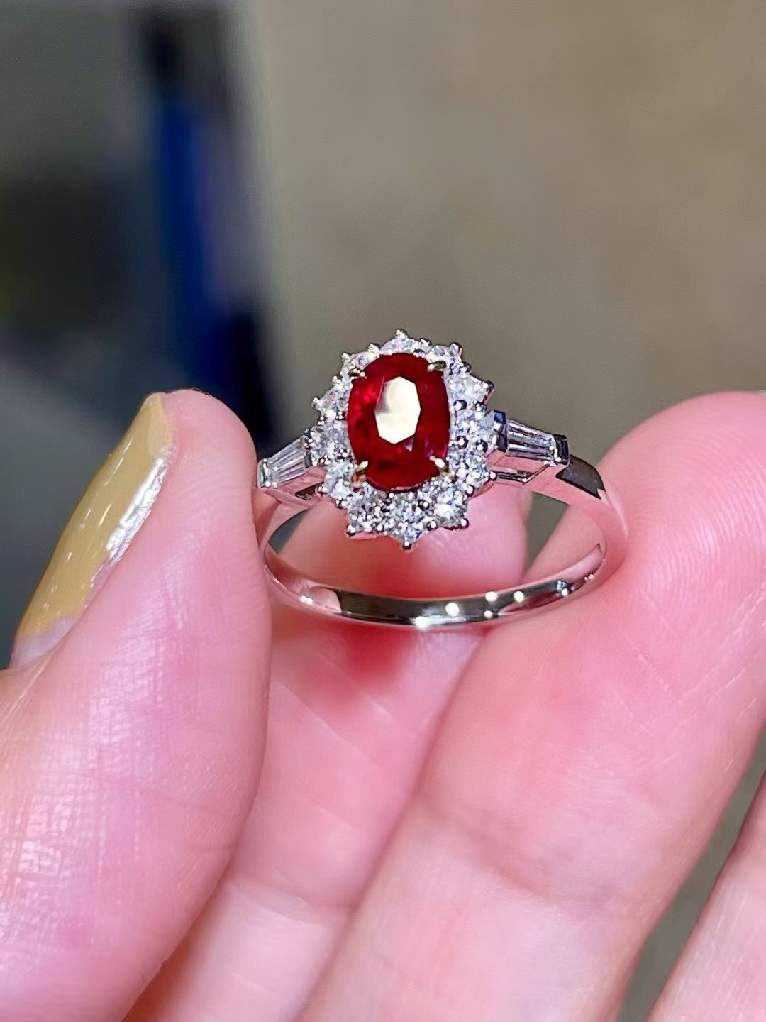 18K White Gold Ruby and Diamond Halo Ring with Baguette Shoulders