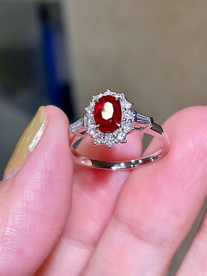 18K White Gold Ruby and Diamond Halo Ring with Baguette Shoulders