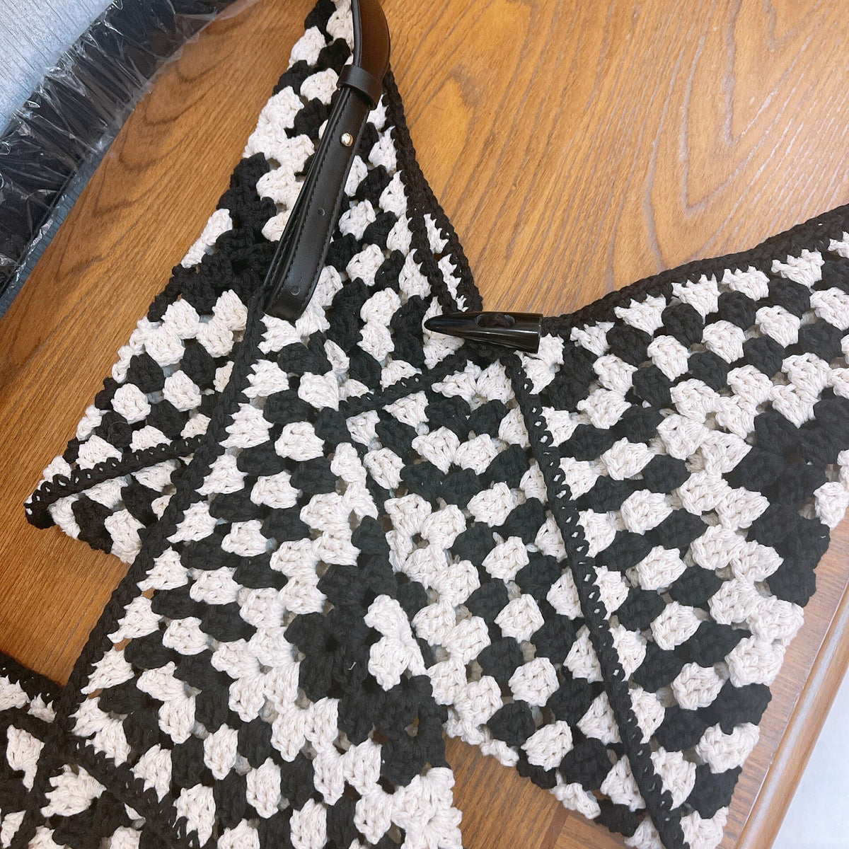 Handmade Crochet Bag Black White Toggle