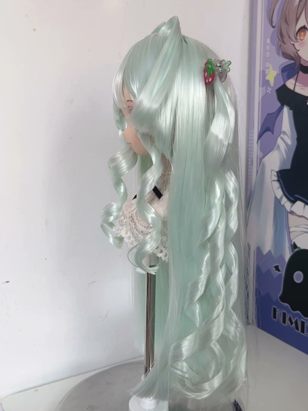 Doll Wig Mint Green with Curled Pigtails