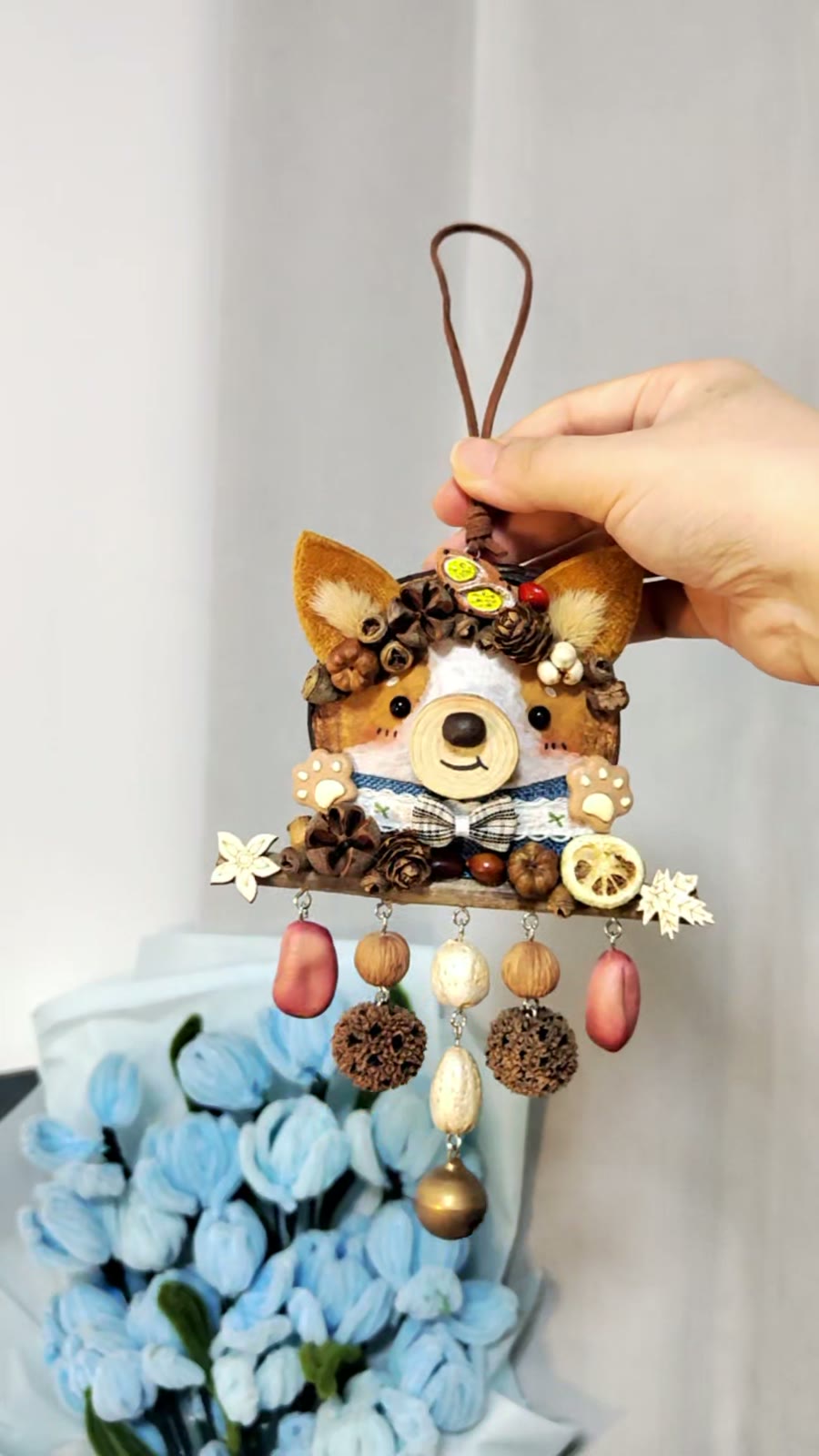 Handgemaakte Entada Zaadappel Corgi Gezicht Ornament