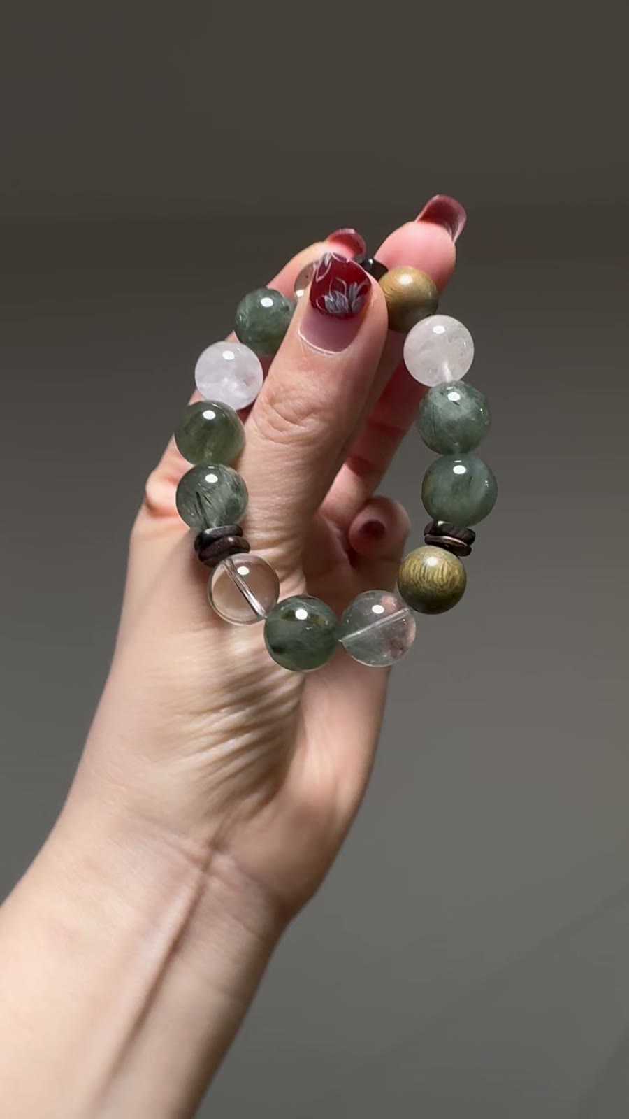Green Phantom White Quartz Sandalwood Bead Bracelet