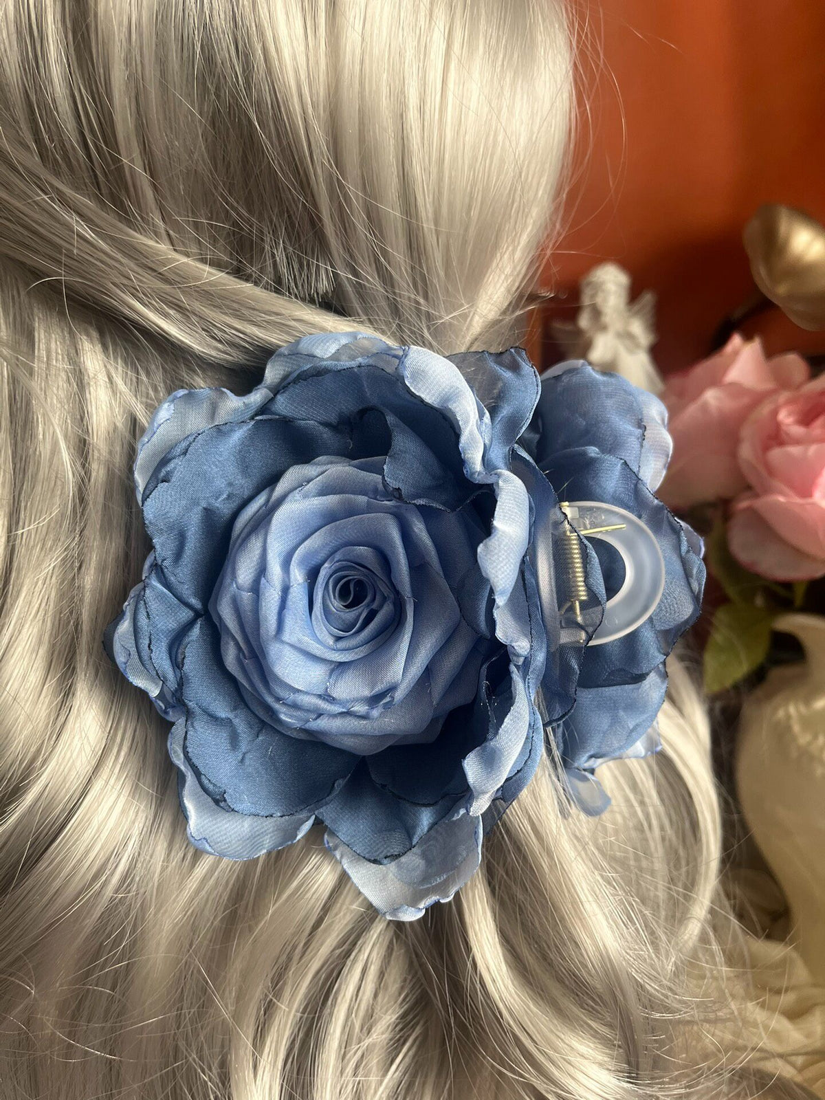 Handmade Fabric Rose Hair Clip Blueberry